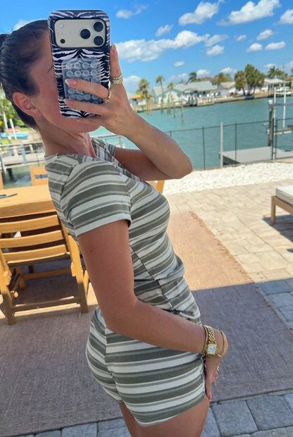 Olive Stripe Ribbed Short Sleeve Top & Shorts Matching Euro Summer Set