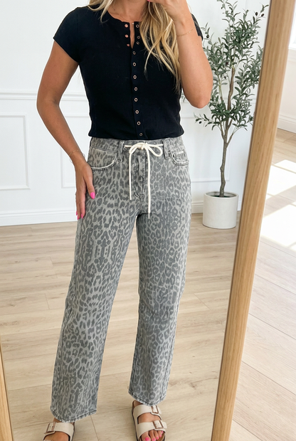 Grey Wash Leopard Print Drawstring Straight Leg Denim Jeans