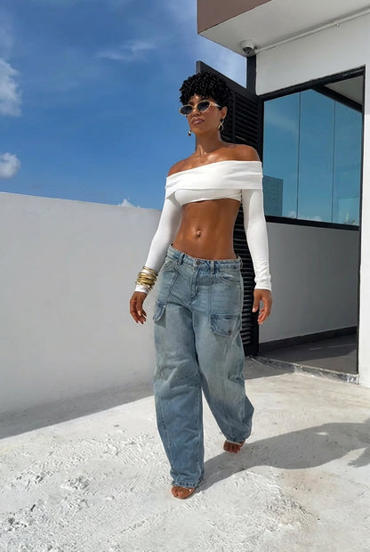 Vintage Wash Multi-Pocket Baggy Cargo Wide Leg Jeans