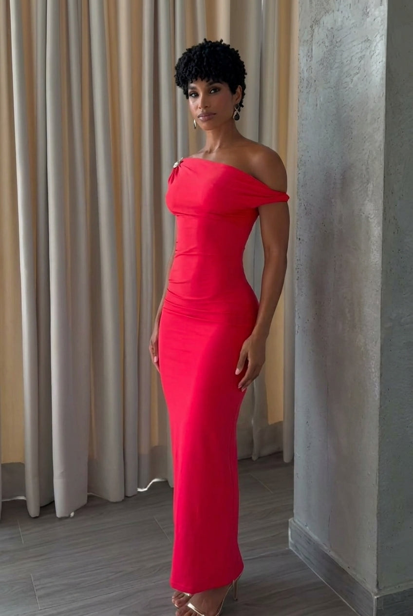 One Shoulder Hardware Ruched Maxi Dress
