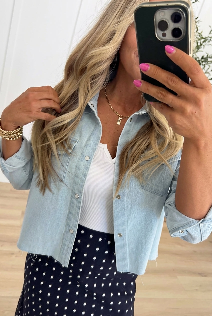 Light Wash Cropped Denim Snap Jacket