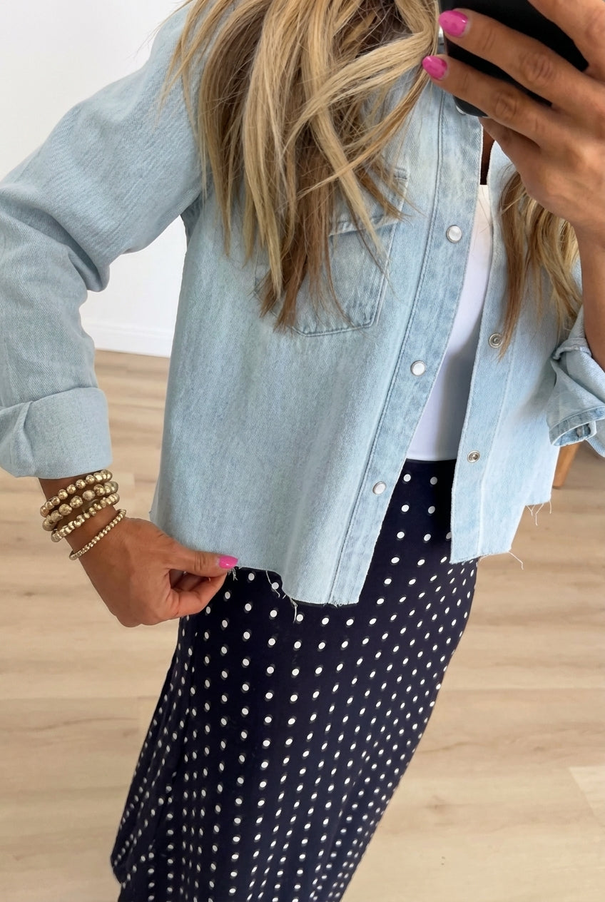 Light Wash Cropped Denim Snap Jacket