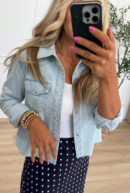 Light Wash Cropped Denim Snap Jacket