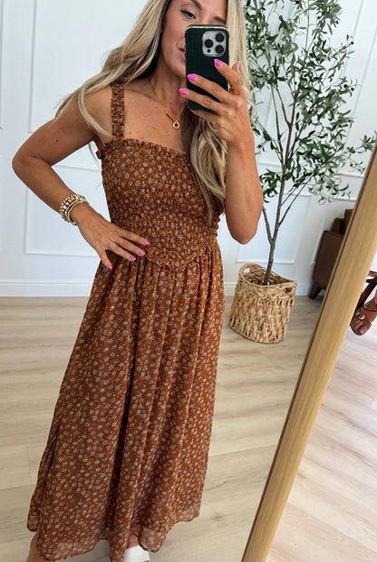 Floral Ruffle Strap Smocked Waist Midi Dress