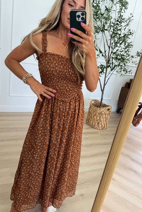 Floral Ruffle Strap Smocked Waist Midi Dress