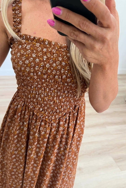 Floral Ruffle Strap Smocked Waist Midi Dress