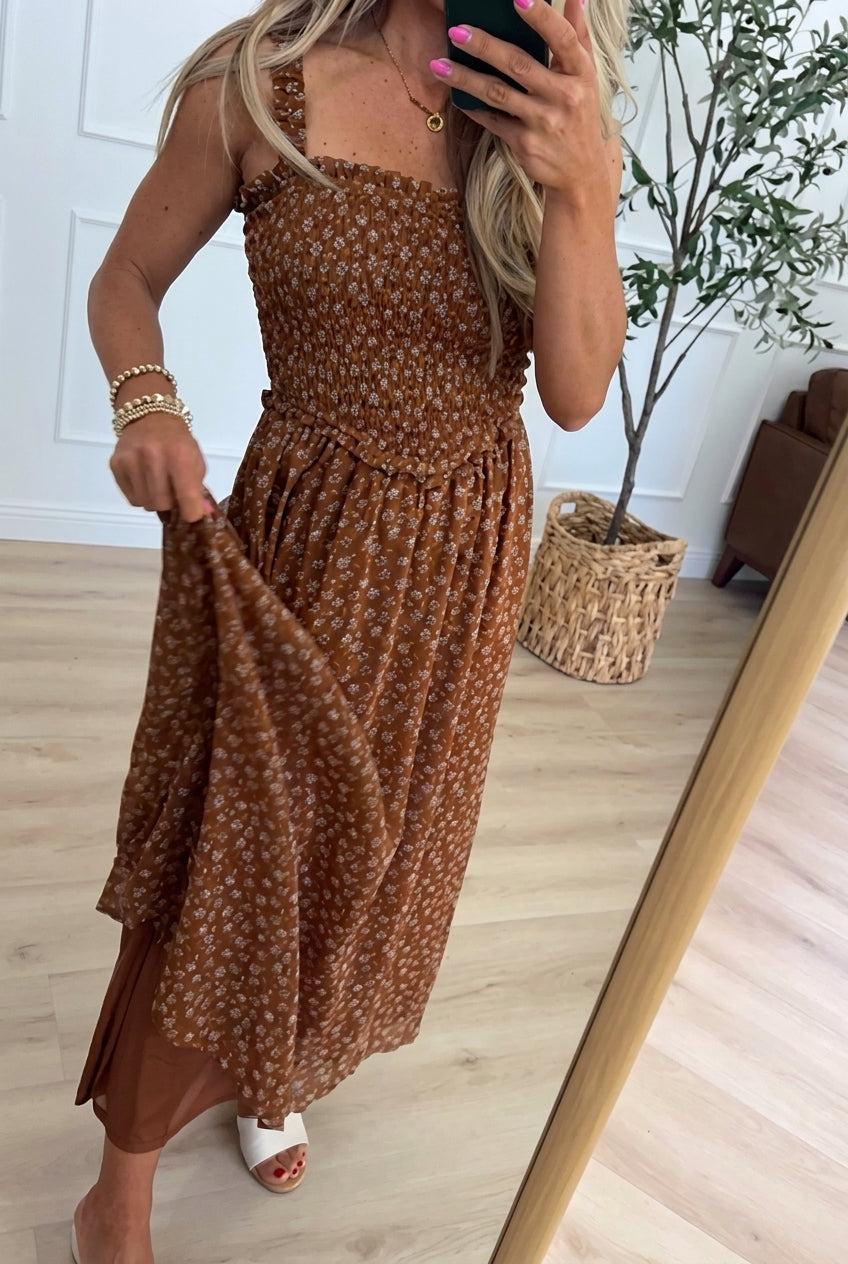 Floral Ruffle Strap Smocked Waist Midi Dress