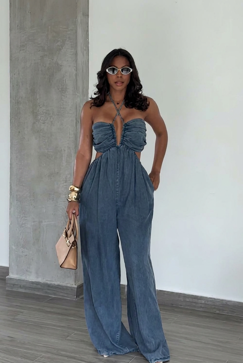 Denim Halter Cutout Wide Leg Jumpsuit