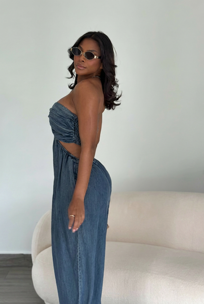 Denim Halter Cutout Wide Leg Jumpsuit