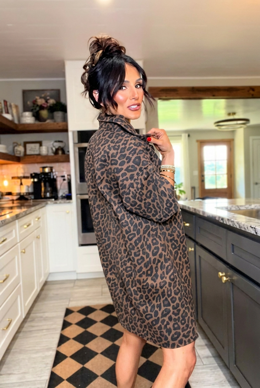 Leopard Print Half Zip Denim Mini Dress