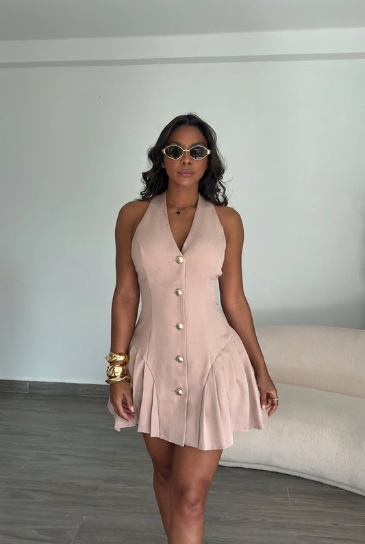 Blush Halter Button Pleated Mini Dress