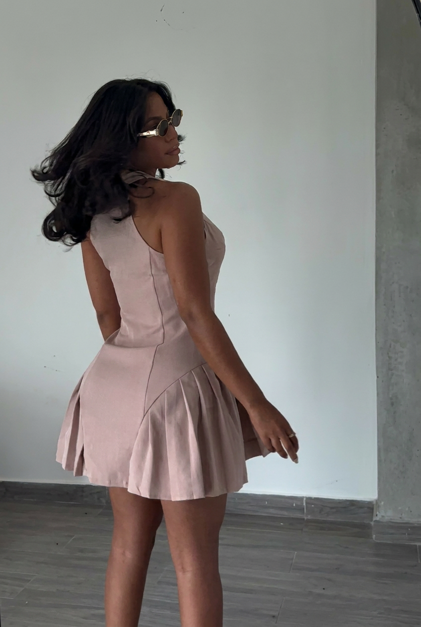 Blush Halter Button Pleated Mini Dress