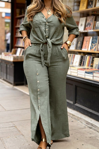 Linen Tie Front Two Piece Pant Set