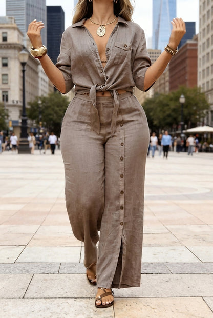 Linen Tie Front Two Piece Pant Set