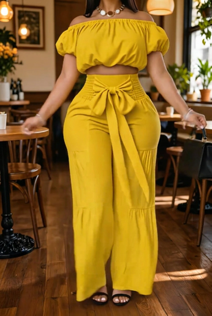 Yellow Off Shoulder 2 Piece Pant Set