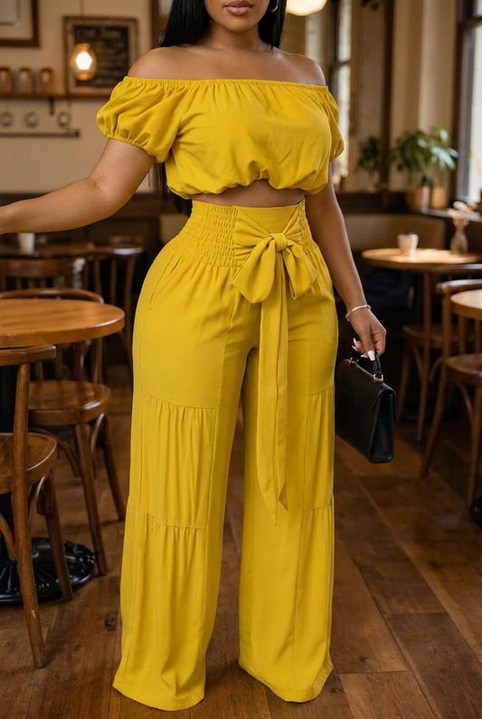 Yellow Off Shoulder 2 Piece Pant Set