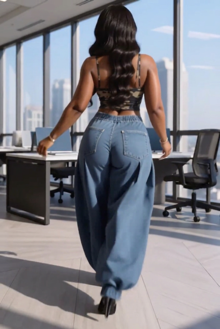 Elastic Cuff Baggy Denim Jogger Pants