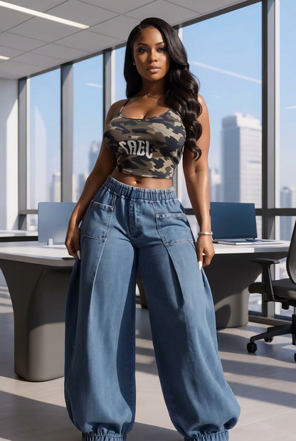 Elastic Cuff Baggy Denim Jogger Pants