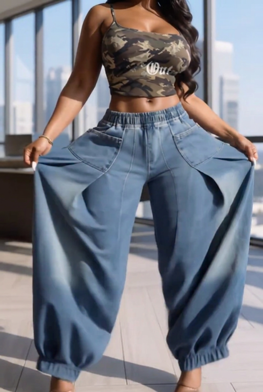 Elastic Cuff Baggy Denim Jogger Pants