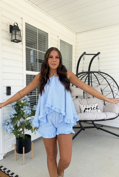 Light Blue Gingham Halter Ruffle Top & Shorts Two Piece Summer Set