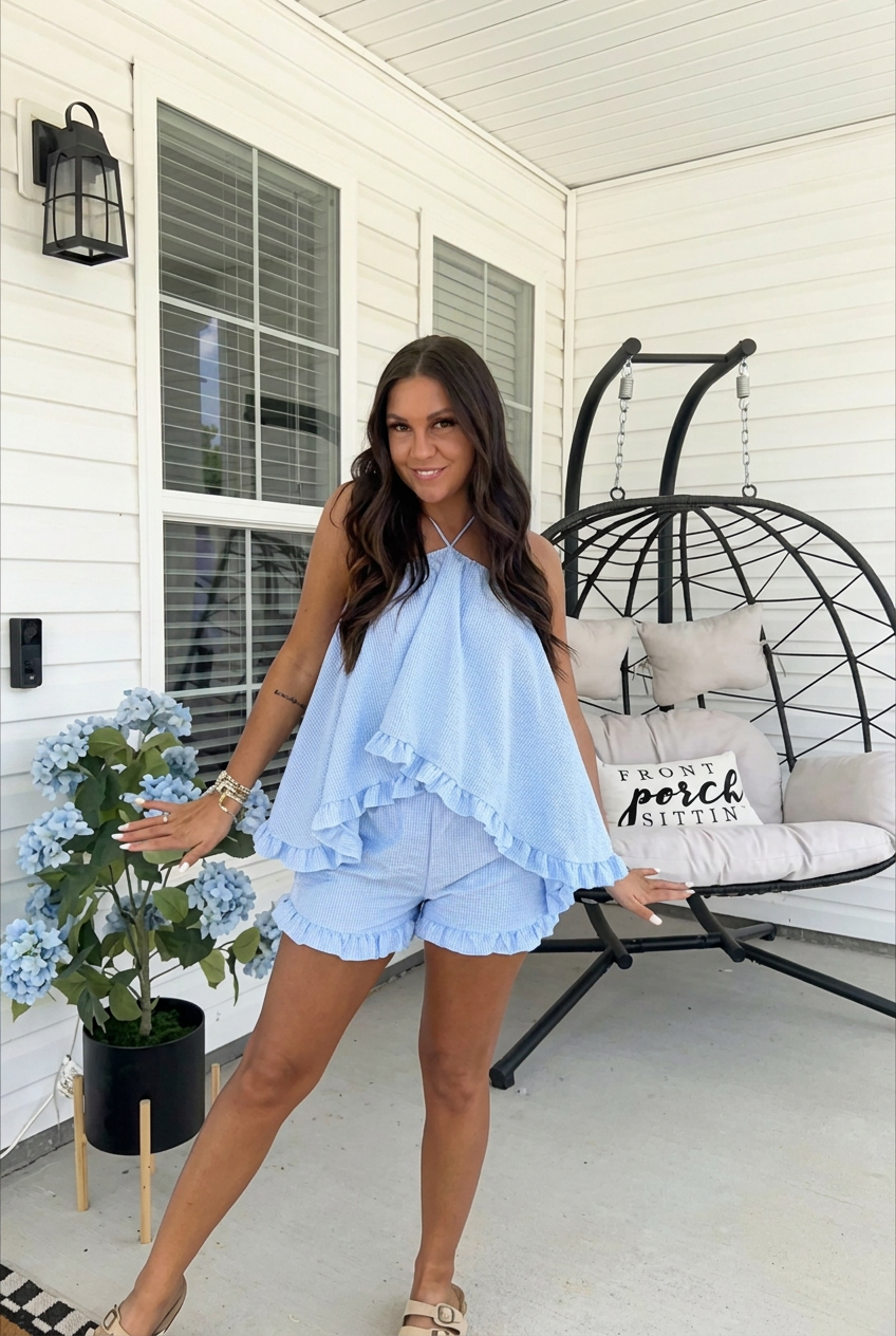 Light Blue Gingham Halter Ruffle Top & Shorts Two Piece Summer Set