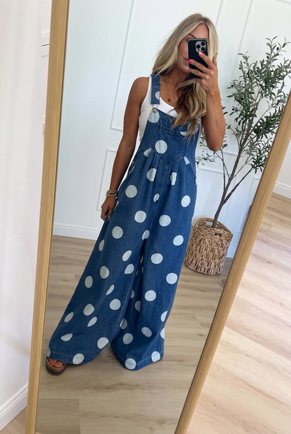Polka Dot Denim Wide Leg Overalls