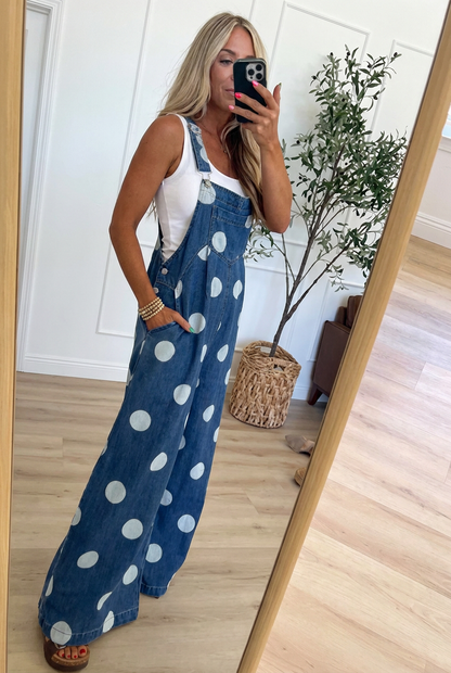 Polka Dot Denim Wide Leg Overalls