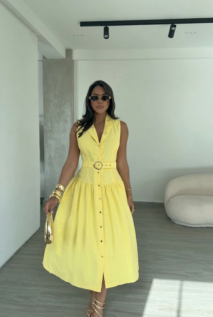 Yellow Sleeveless Blazer Midi Dress