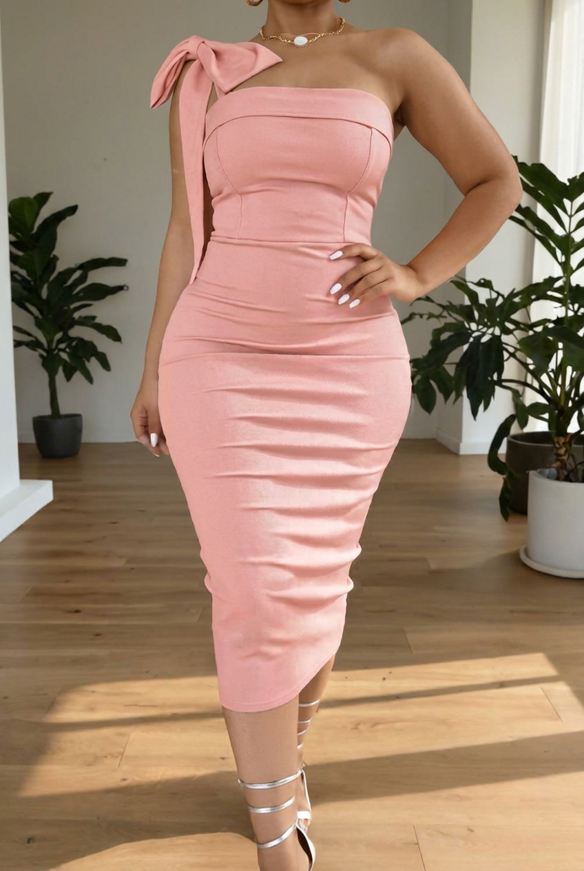 Bow One Shoulder Midi Bodycon Dress