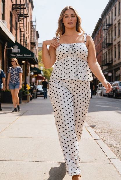 White Polka Dot Cami & Wide Leg Pants 2-Piece Set