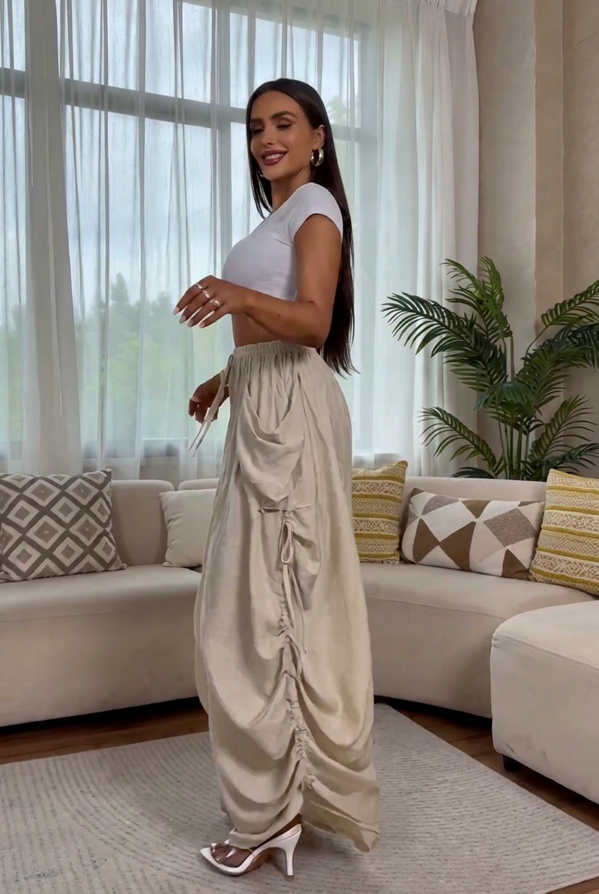 Drawstring Ruched Wide Leg Pants