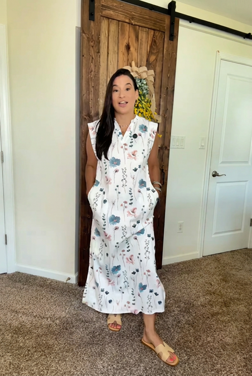 Watercolor Floral Sleeveless Midi Dress
