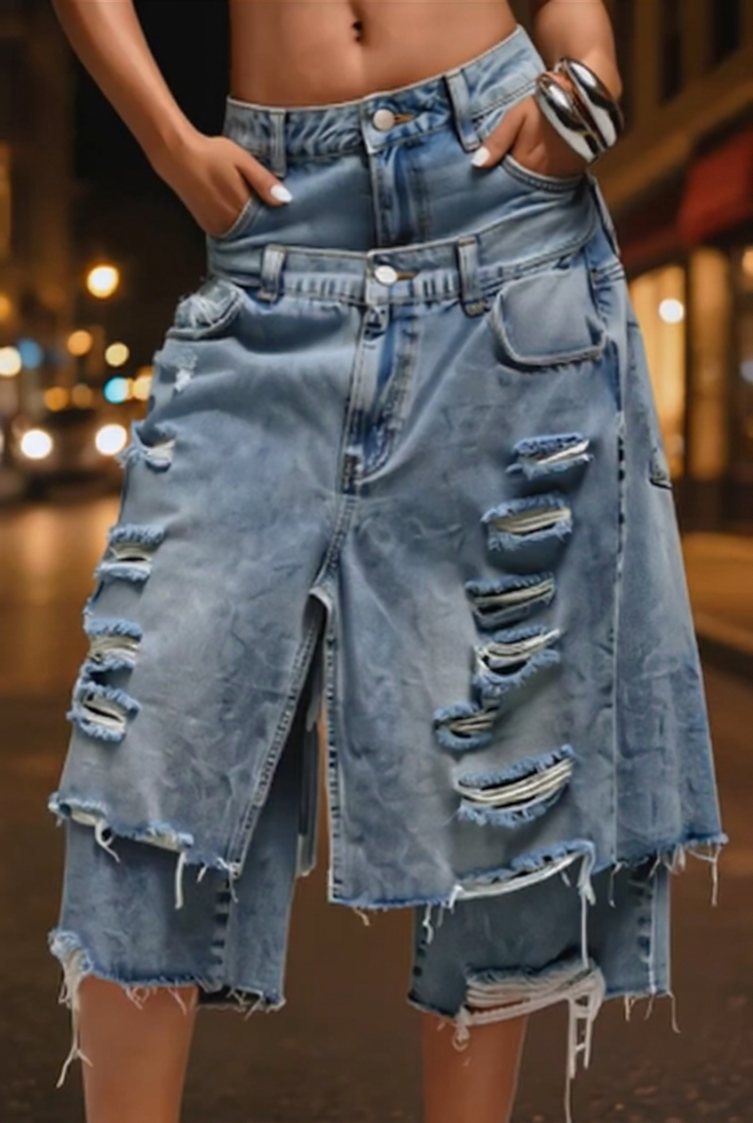 Double Waist Layered Ripped Denim Culottes