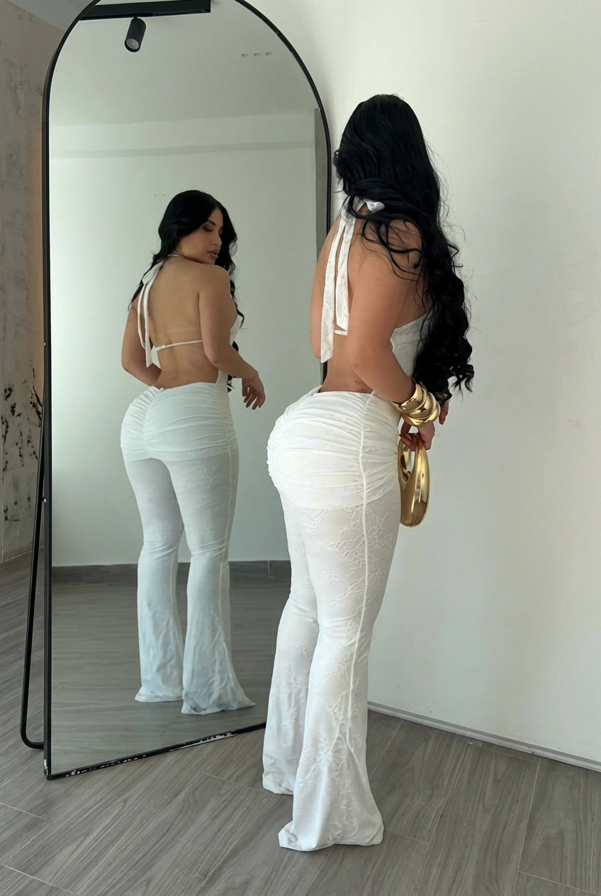 White Lace Deep V Backless Flare Jumpsuit