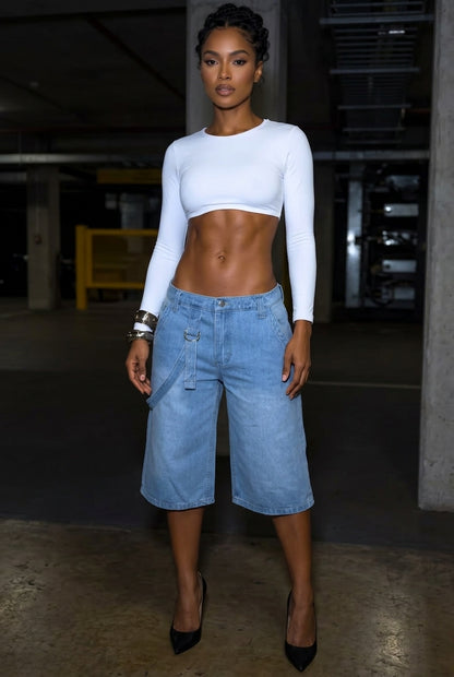 Light Wash D-Ring Strap Decor Loose Wide Leg Denim Bermuda Shorts