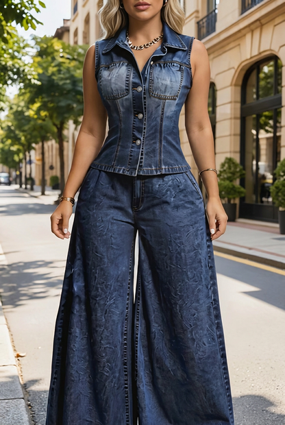 Denim Vest & Wide Leg Pants 2-Piece Set