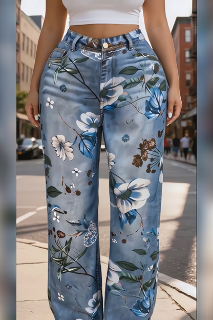 Floral Print High Waist Straight Leg Jeans
