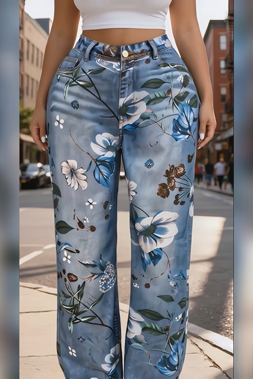Floral Print High Waist Straight Leg Jeans