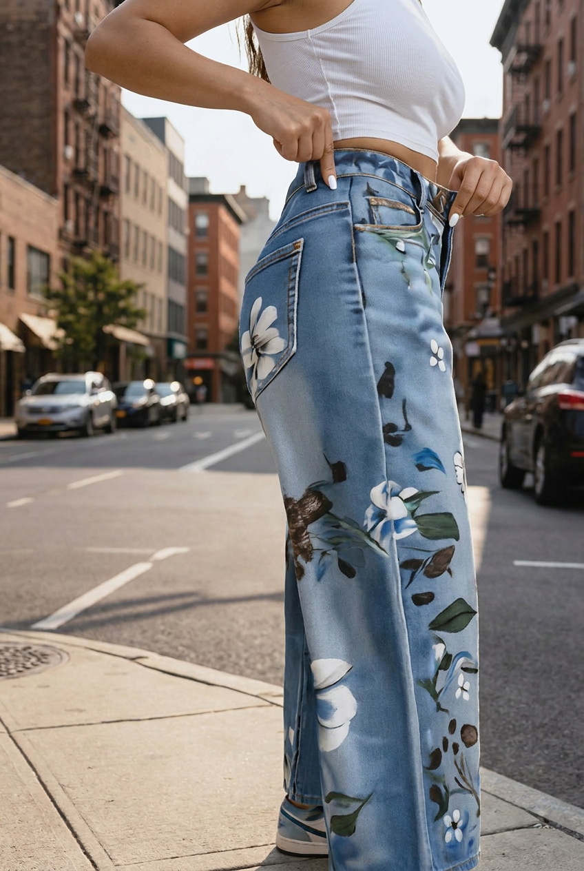 Floral Print High Waist Straight Leg Jeans