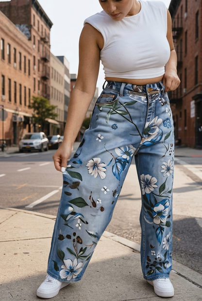 Floral Print High Waist Straight Leg Jeans