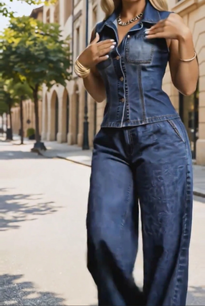 Denim Vest & Wide Leg Pants 2-Piece Set
