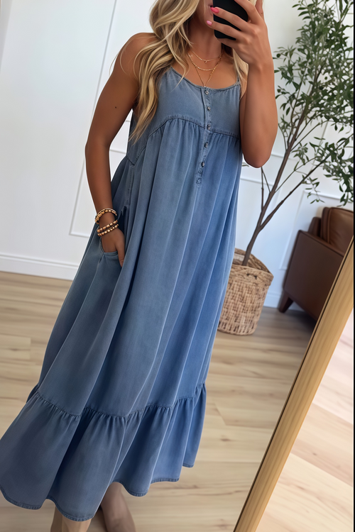 Chambray Tiered Cami Midi Dress