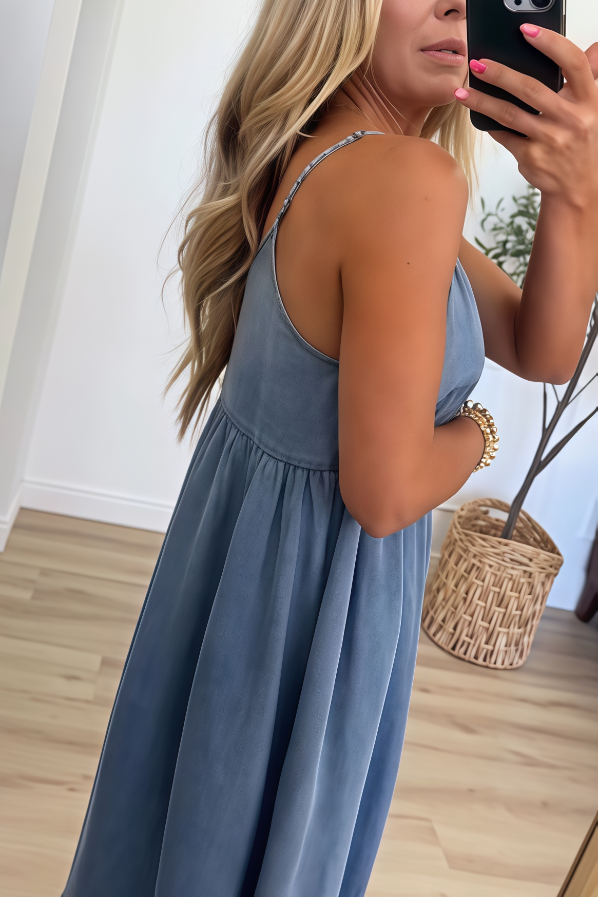 Chambray Tiered Cami Midi Dress