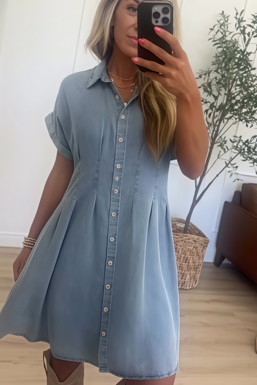 Light Wash Chambray Button Down Mini Dress