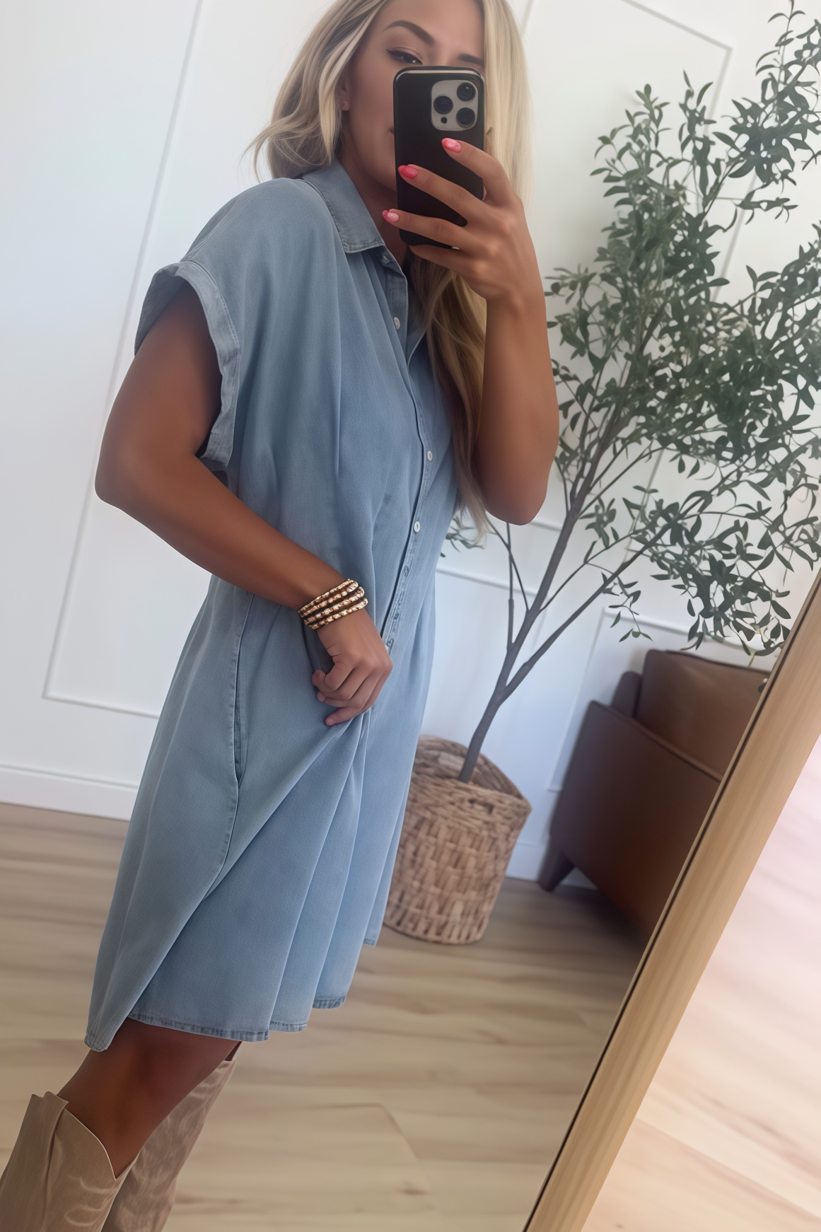 Light Wash Chambray Button Down Mini Dress
