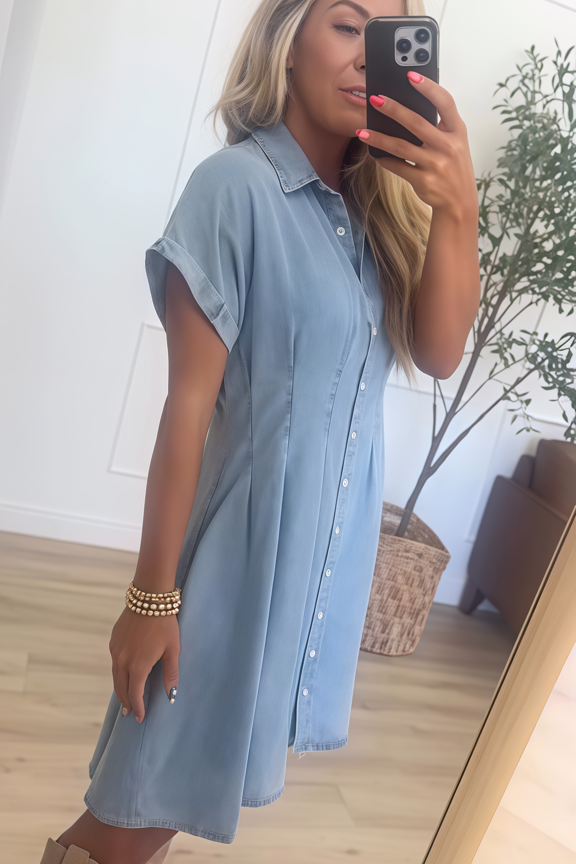 Light Wash Chambray Button Down Mini Dress