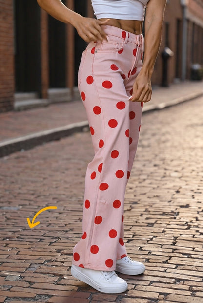 Pink Red Polka Dot Straight Jeans