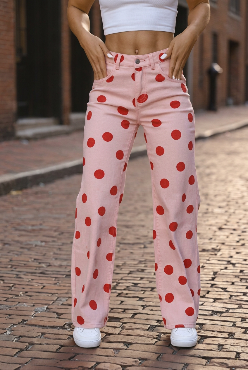 Pink Red Polka Dot Straight Jeans