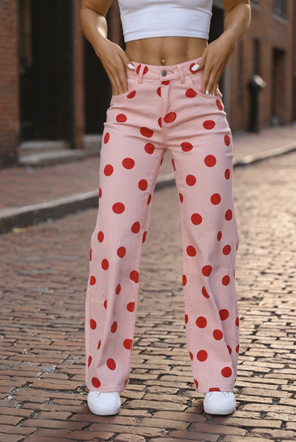 Pink Red Polka Dot Straight Jeans
