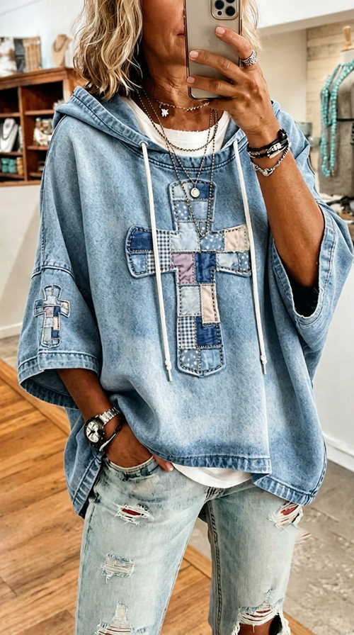 Patchwork Cross Denim Hooded Top